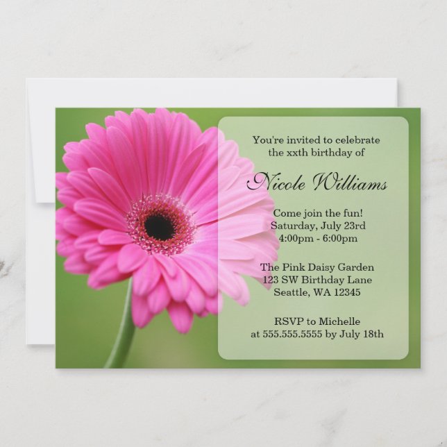 Invitation Fête d'anniversaire rose et verte de marguerite de (Devant)