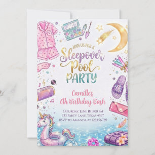 Invitation Fête d'anniversaire rose fille Pyjama Party Piscin