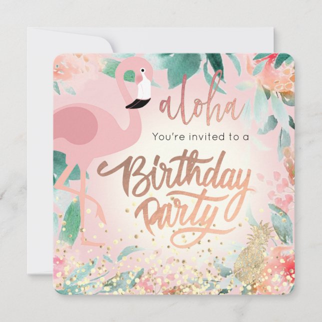 Invitation fête d'anniversaire rose flamand tropical (Devant)