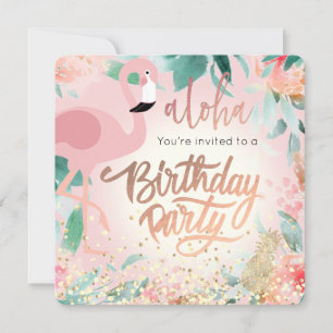 Invitation fête d'anniversaire rose flamand tropical