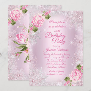 Invitation Fête d'anniversaire rose Floral hiver Wonderland