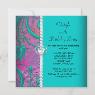 Invitation Fête d'anniversaire Rose Floral Turquoise Blanc Bl