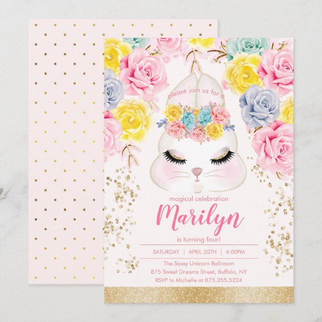 Invitation Fête d'anniversaire rose florale de lapin de (Devant / Derrière)