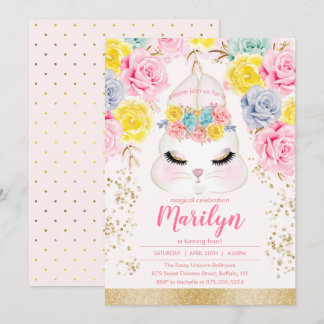 Invitation Fête d'anniversaire rose florale de lapin de