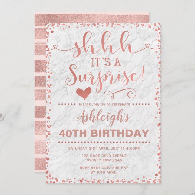Invitation Fête d'anniversaire Rose Gold & Marbre blanc Surpr (Devant / Derrière)