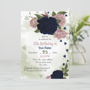 Invitation fête d'anniversaire rose marine fleurs verdure