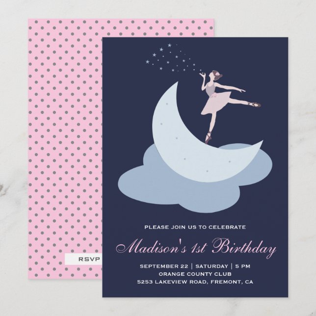 Invitation Fête d'anniversaire rose mignonne de ballerine de (Devant / Derrière)