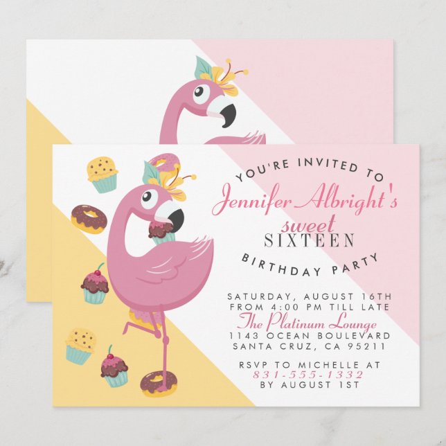 Invitation Fête d'anniversaire rose mignonne de Flamant rose (Devant / Derrière)