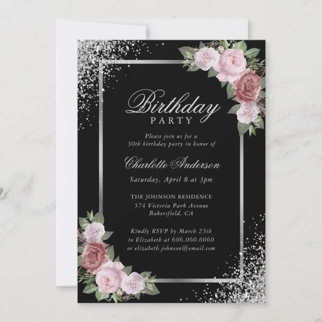 Invitation Fête d'Anniversaire Rose Noir Noir (Devant)