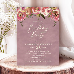 Invitation Fête d'anniversaire rose Ophelia Cottagecore flora
