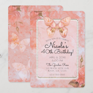 Invitation Fête d'anniversaire Rose papillon vintage rose cor