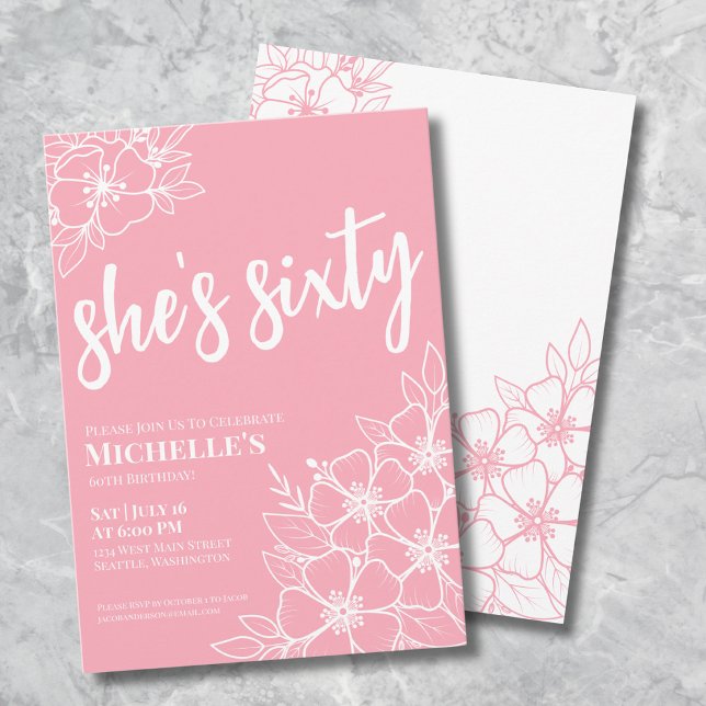 Invitation Fête d'anniversaire rose pour les 60 ans (Elegant Sixty Pink 60th Birthday Party Invitation)