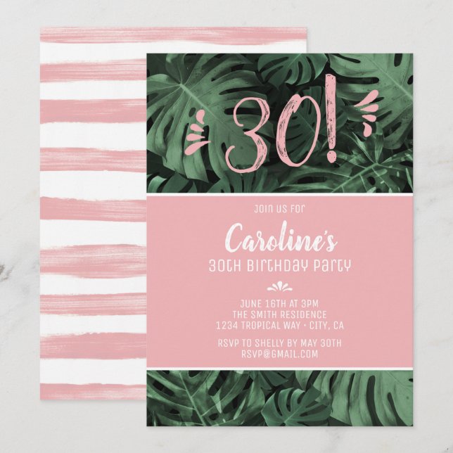 Invitation Fête d'anniversaire rose tropical (Devant / Derrière)