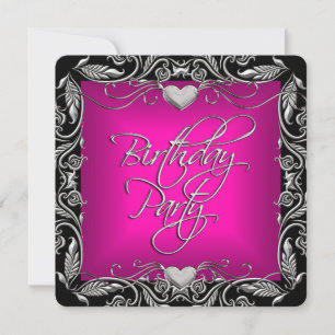 Invitation Fête d'anniversaire rose vif argent noir