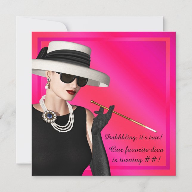 Invitation Fête d'anniversaire rose vif de diva chic (Devant)