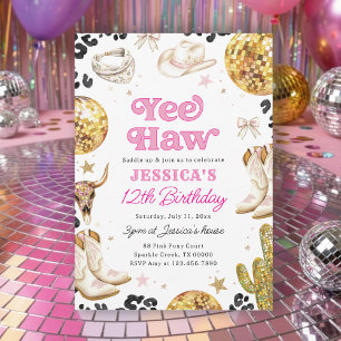 Invitation Fête d'anniversaire rose Yee Haw Disco Cowgirl Rod