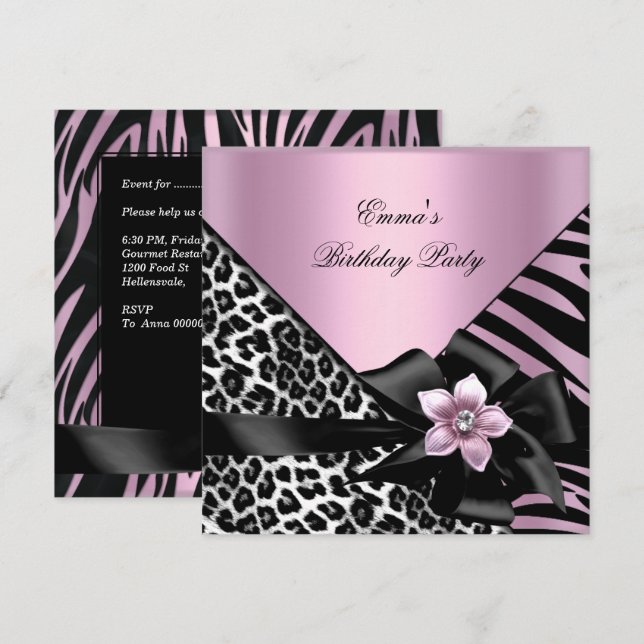 Invitation Fête d'anniversaire rose Zebra Leopard Élégant (Devant / Derrière)