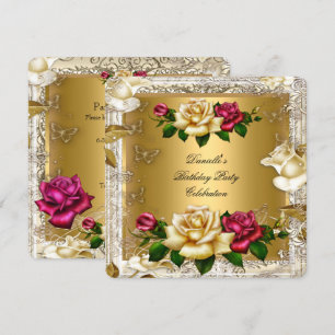 Invitation Fête d'anniversaire Roses Rouge Rose Clair Or Crèm