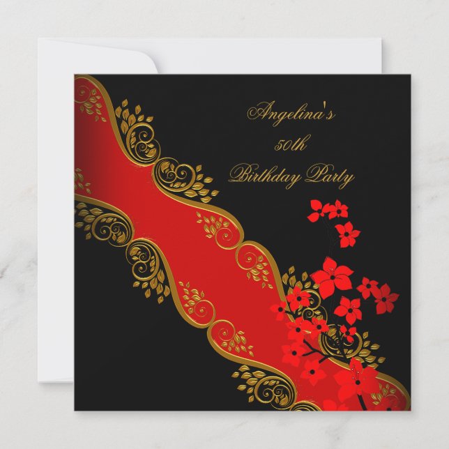 Invitation Fête d'Anniversaire Rouge Asiatique Noir Floral Or (Devant)