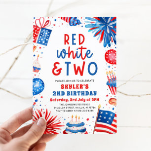 Invitation Fête d'anniversaire Rouge, Blanc & Deux pour le 4 