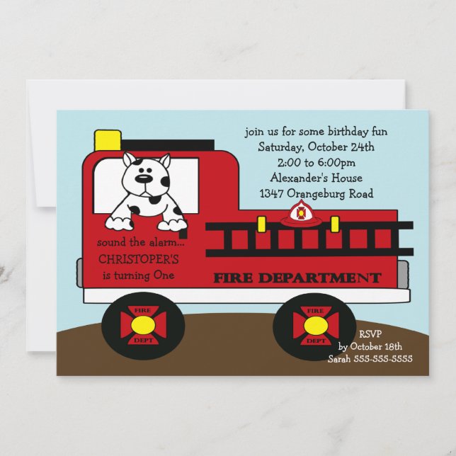 Invitation Fête d'anniversaire rouge de camion de pompiers (Devant)