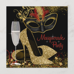 Invitation Fête d'anniversaire rouge de mascarade de noir et