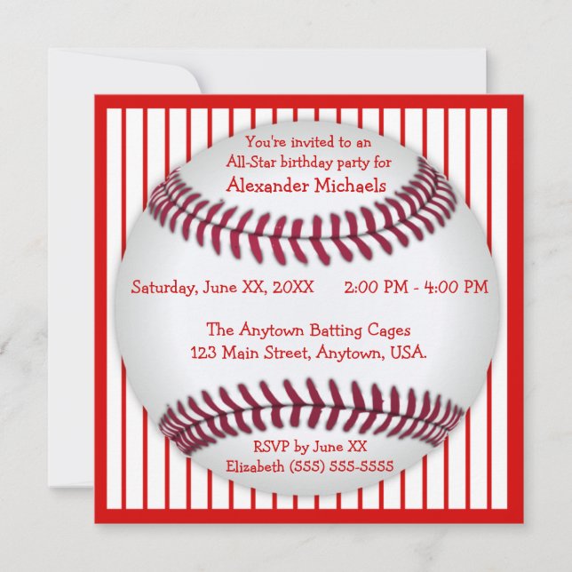 Invitation Fête d'anniversaire rouge et blanche de base-ball (Devant)
