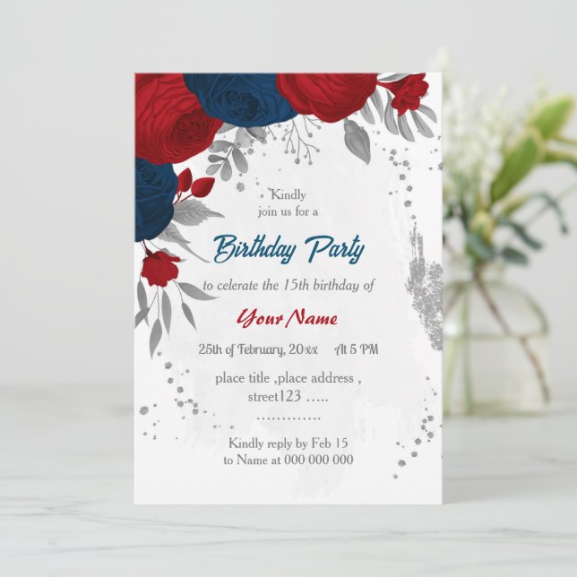 Invitation fête d'anniversaire rouge et bleu marine (Debout devant)
