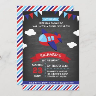 Invitation Fête d'anniversaire rouge et bleue d'avion de