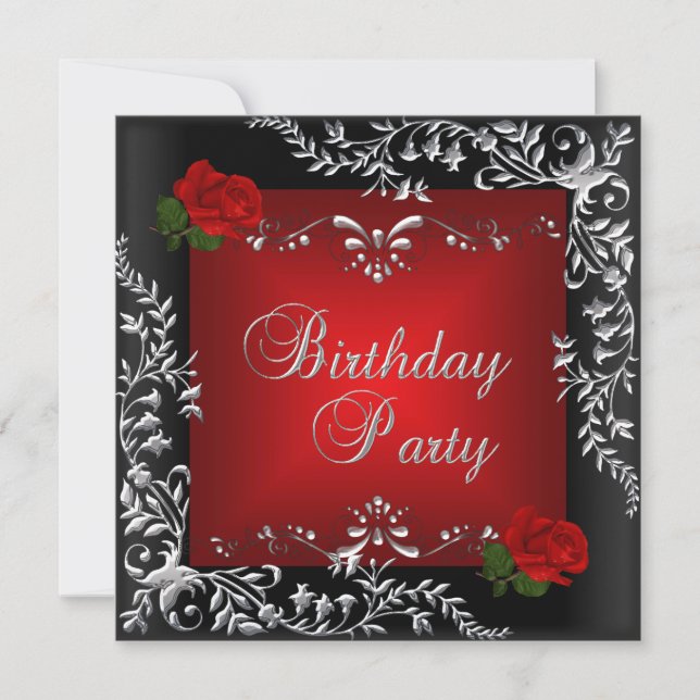 Invitation Fête d'anniversaire Rouge Rose Argent Floral Noir (Devant)