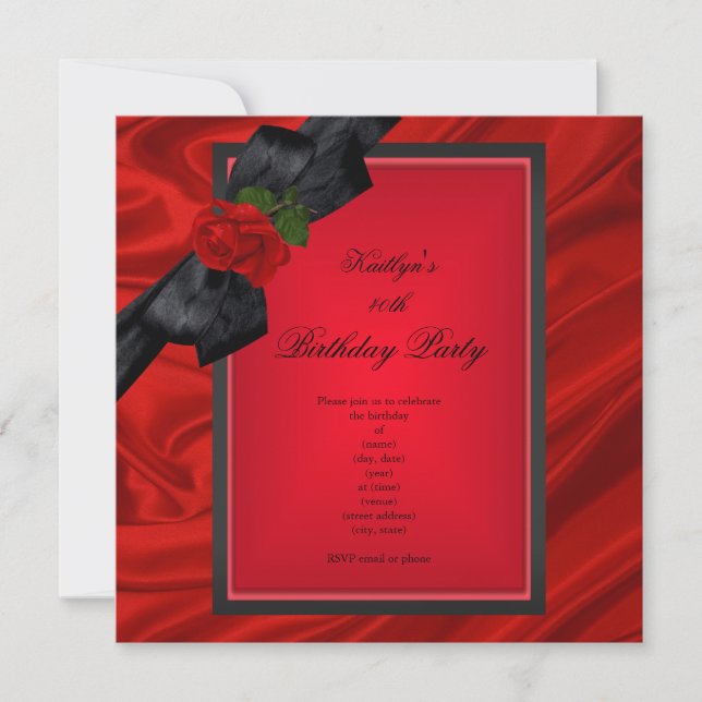 Invitation Fête d'anniversaire Rouge Rose Black Bow (Devant)