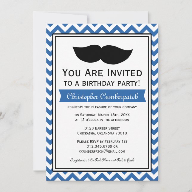 Invitation Fête d'anniversaire Royal Blue Mustache Chevron (Devant)