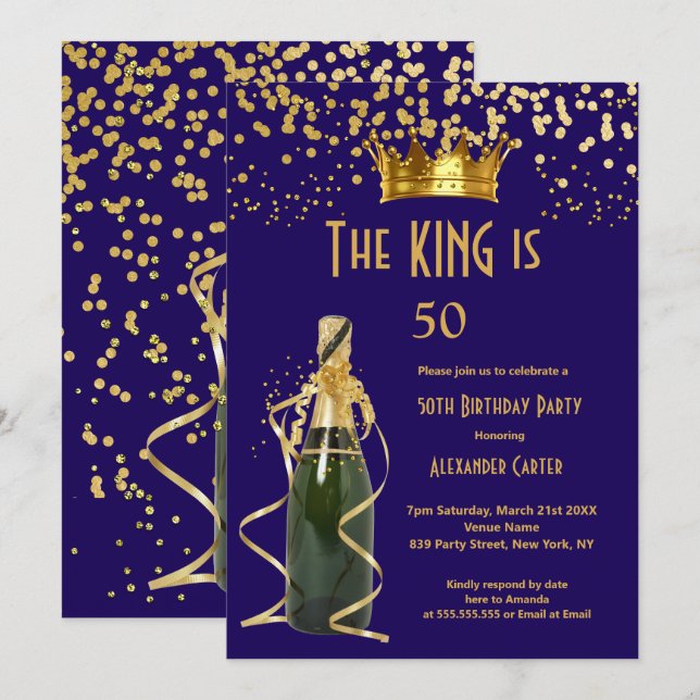 Invitation Fête d'anniversaire royale masculine de Champagne  (Devant / Derrière)
