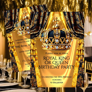 Invitation Fête d'anniversaire Royale Noir Or Roi Reine Couro
