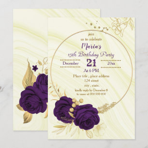 Invitation fête d'anniversaire royale violette or floral géom