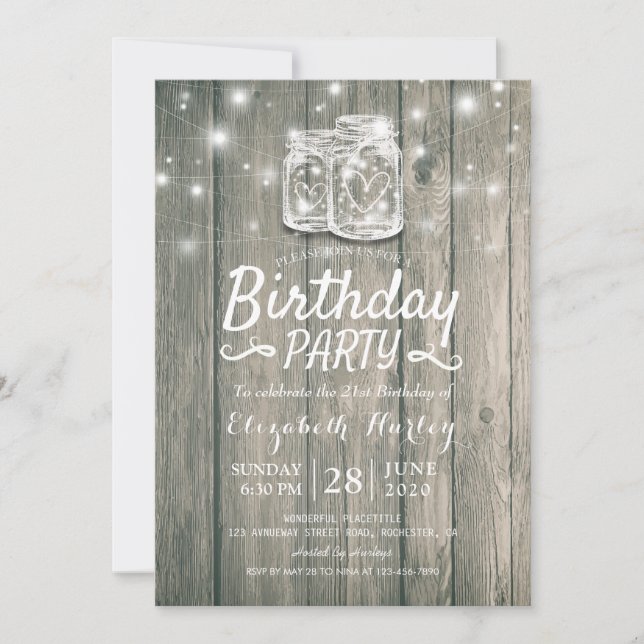 Invitation Fête d'anniversaire Rustic Wood Mason Jar String l (Devant)