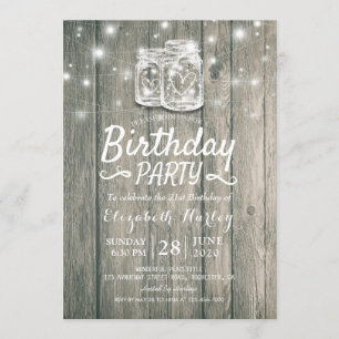 Invitation Fête d'anniversaire Rustic Wood Mason Jar String l