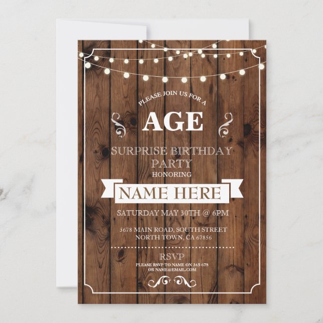 Invitation Fête d'anniversaire rustique de surprise tout (Devant)