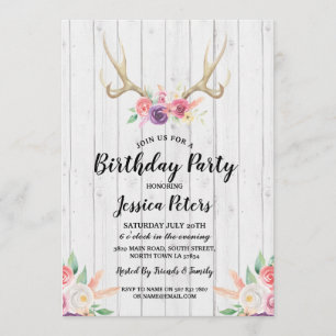 Invitation Fête d'anniversaire rustique Floral Antler Invitat