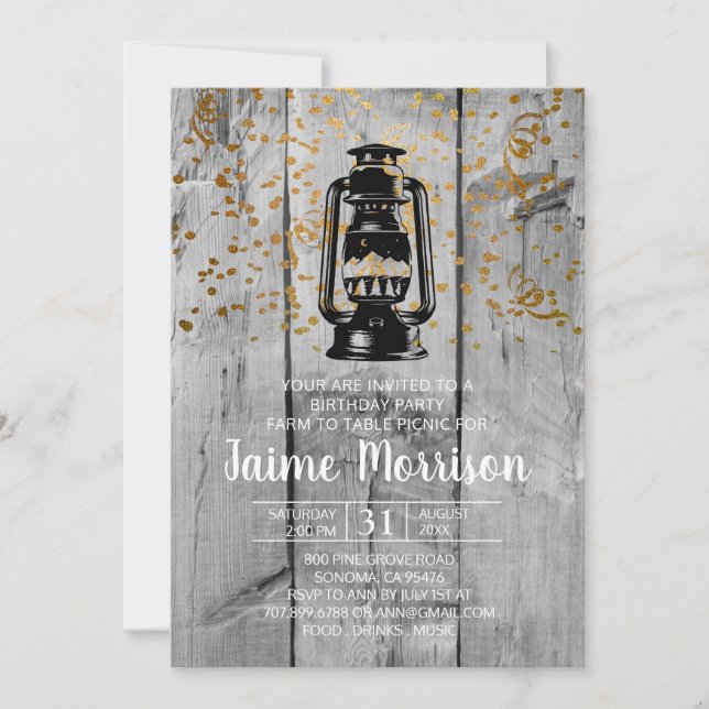 Invitation Fête D'Anniversaire Rustique Grange Bois Et Lanter (Devant)