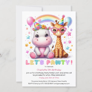 Invitation Fête d'anniversaire Safari Pailleté Girafe & Hippo