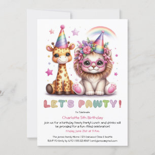 Invitation Fête d'anniversaire Safari Pailleté Lion & Girafe 