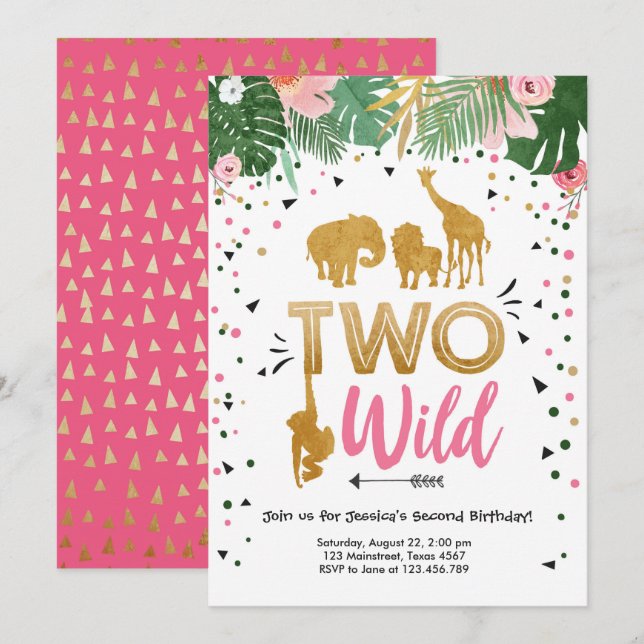Invitation Fête d'anniversaire sauvage de deux de safari d'or (Devant / Derrière)
