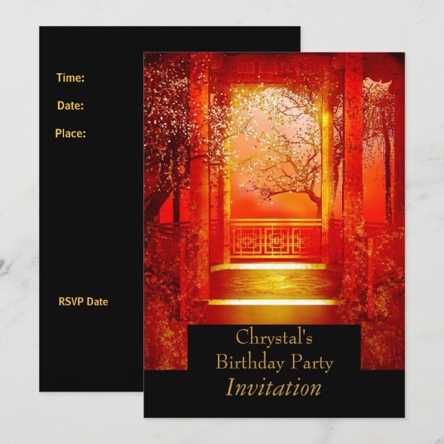 Invitation Fête d'anniversaire Scène asiatique Rouge or (Devant / Derrière)