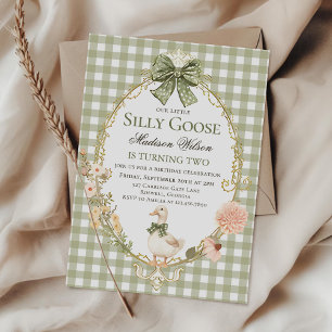 Invitation Fête d'anniversaire Silly Goose Floral Green Gingh