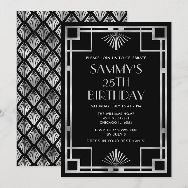 Invitation Fête d'anniversaire Silver and Black Art Déco (Devant / Derrière)