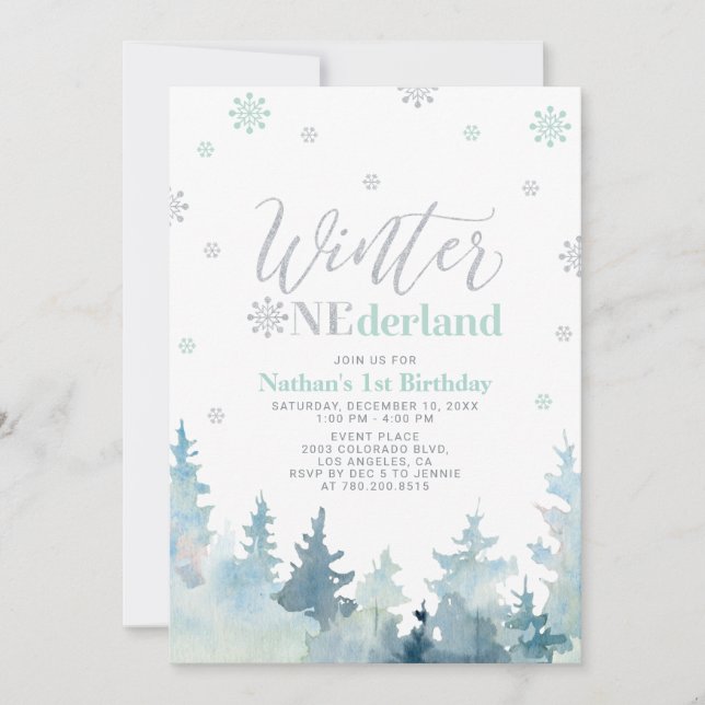 Invitation Fête d'anniversaire Silver & Mint Winter onederlan (Devant)
