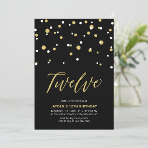 Invitation Fête d'anniversaire simple 12 ans Black & Gold