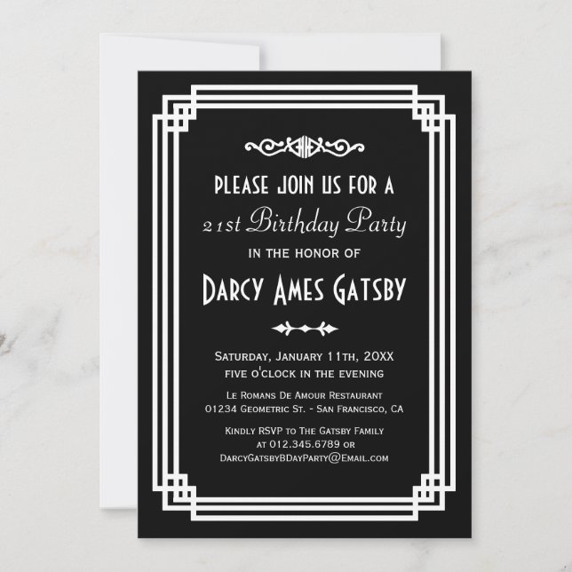 Invitation Fête d'anniversaire simple Art Déco noir & blanc (Devant)