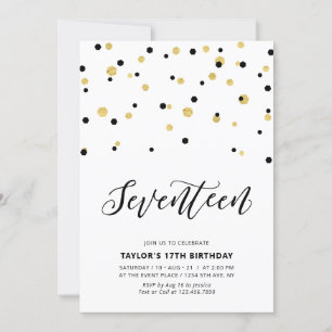 Invitation Fête d'anniversaire simple Black & Gold 17 ans